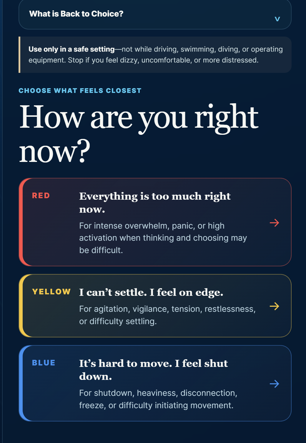 Current Back to Choice app with a collapsible introduction and three tappable state choices: Red, Yellow, and Blue